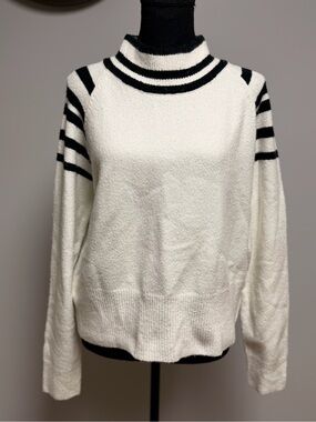 FLAT WHITE Mock Neck Stripe Sweater Women's Ivory Varsity Knit Pullover Large
